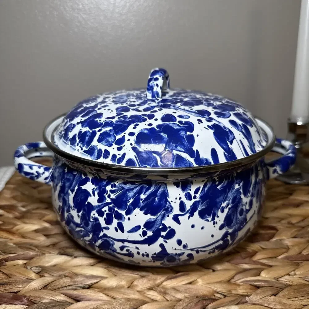 Golden Rabbit Blue White Spongeware Enamelware Covered Casserole Pot With Lid